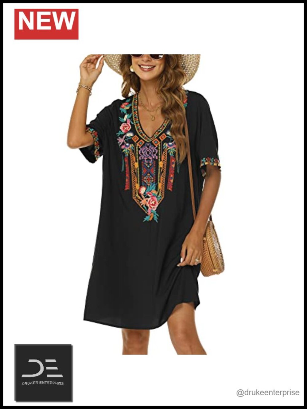 Grosy Embroidered Mexican Peasant Dress Plus Size Boho Floral Tunic